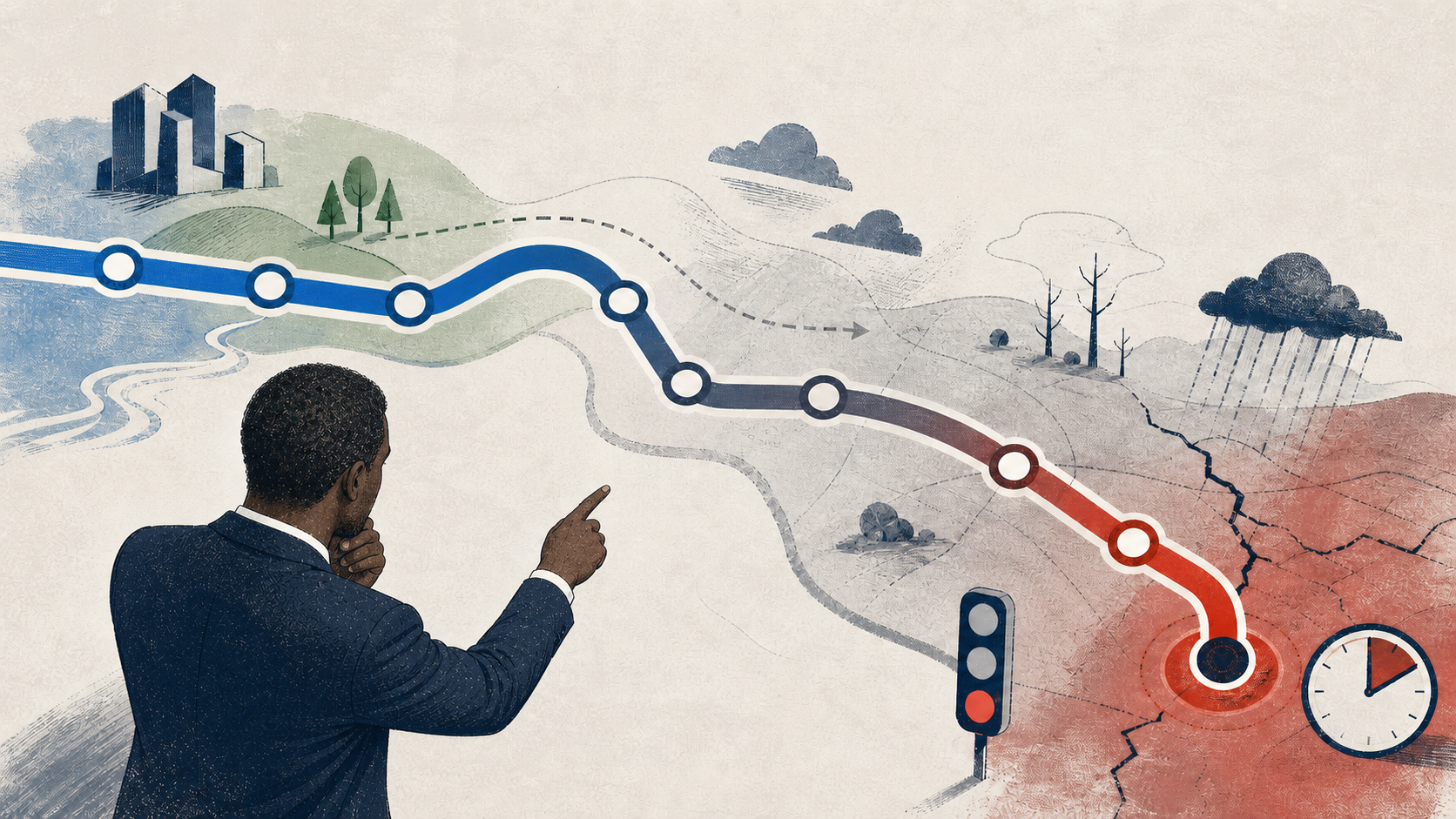 Editorial illustration of an analyst viewing a risk migration map that moves from stable territory toward a default warning zone