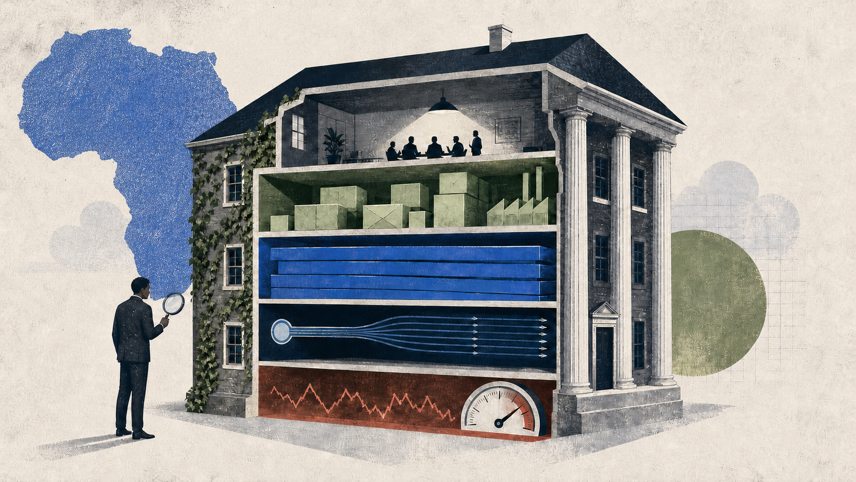 Editorial illustration of an analyst looking inside a cutaway borrower building showing financial structure and risk layers